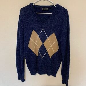 Vintage Andrew St John Navy Argyle V-Neck Sweater - Measurements in photos